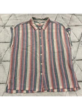 Orvis Women's Striped Sleeveless Summer Coastal Linen Blend Button-Up Shirt Sz M